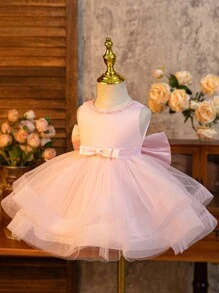 Glamorique Kids Flower Girl, Baby Girl Princess Dress, Bow, Pink Dress, Double Layered Shaping Mesh Dress With Hem, Pink Pearl, Making People Confident And Proud, Suitable For Formal Occasions, Vacation, Partywear ,Valentine's Day,Birthday Dress, New Year's Day, Birthday Party, Wedding Festival Dress, Gorgeous Dress, Middle East, Europe And America - Pink - View 2