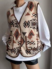 DAZY Women Fleece Fully Allover Print Geometric Pattern Coat, Thermal Lined Jacket Fall,Winter Vest - Beige - View 6