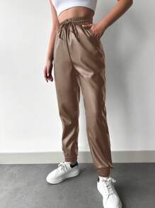 EURMUSE 女士pu皮正面綁帶褲 - 銅色 - 查看 4