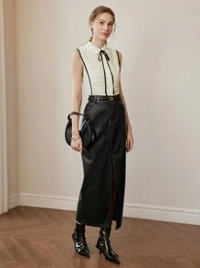 MOTF PREMIUM 系带领口撞色绑带纹理衬衫 - 白色 - 查看 5