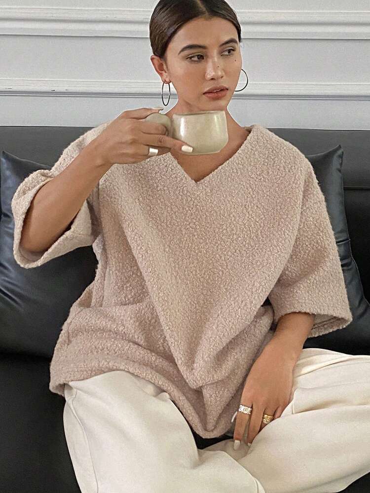 Women Casual Loose Thermal Lined Solid Color T-Shirt Oversized T-Shirt
