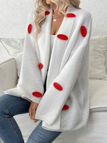 SHEIN Clasi Women's Loose Solid Color Long Sleeve Drop Shoulder Cardigan Sweater With 3D Big Red Lip Decoration, Suitable For Autumn/Winter - White - View 3