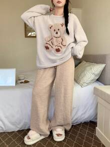 DAZY Cute Bear Jacquard Pajama Set Fall,Winter - Light Grey - View 7