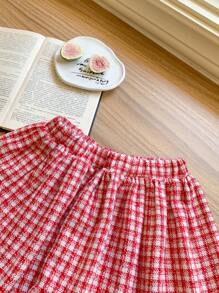 Blossori 2pcs/Set Young Girls French Elegant Red & White Plaid Woven Jacket And Skirt Suit Set, Autumn Winter - Pink - View 4