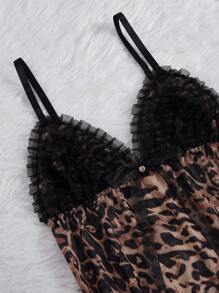 Snug Zone 2pcs Set Contrast Ruffle Trim Leopard Print Camisole And Pants Bridallingerie - White - View 5