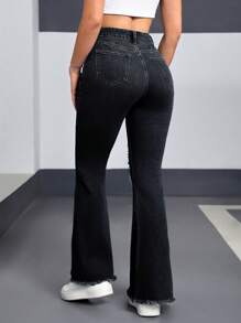 SHEIN EZwear Women's Front Button Pockets Distressed Hem Jeans, Casual Everyday Wear Y2K Love Ripped Fashionable Casual Denim Stretch Bell Pants - Black - View 2