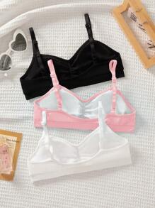 SHEIN 3pcs/Set Tween Girl Minimalist Comfortable Ruched V-Neck Breathable Soft Underwear Set, Includes Removable Padded Cups & Adjustable Straps