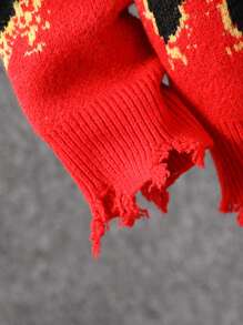 青少年男孩时尚破洞针织毛衣，配赛车格纹火焰印花圆领套头衫 - 黑色 - 查看 4