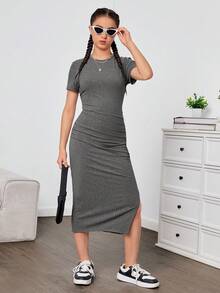 SHEIN Vestido corto informal de manga corta con abertura bajo de punto acanalado para adolescentes - Gris Oscuro - Ver 4