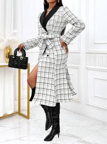 Zolique Slayr 女式双排扣腰带长款撞色鱼尾下摆优雅粗花呢冬季外套 - 黑與白 - 查看 5