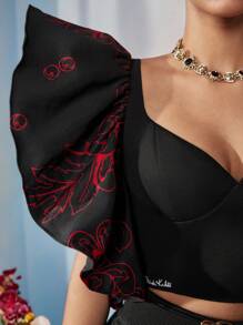 KATHARSIS Frida Kahlo X SHEIN X Designer Áo crop top hở nách in hình chim, Ngày lễ, Lễ tạ ơn, Mùa xuân & mùa hè, Đi chơi, Lễ hội - màu đen - Xem 4