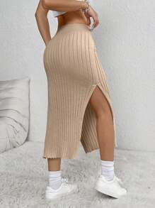 SHEIN Unity Women Solid Color Side Slit Hem Casual Knitted Skirt, Autumn-Winter - Beige - View 2