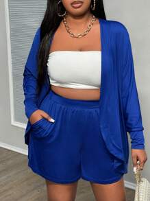 Slaydiva Women Plus Size Solid Blue Shorts And Cardigan Set - Royal Blue - View 2