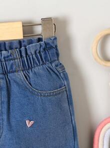 SHEIN Young Girls' Cute Sweet Rainbow Heart Print Casual Denim Jeans,Holiday,Summer,Travel - Dark Wash - View 4