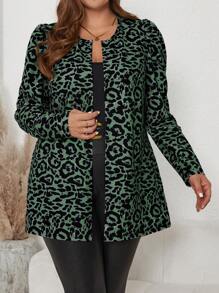 SHEIN Clasi Plus Size Long Sleeve Leopard Print Casual Coat - Dark Green - View 1