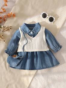 SHEIN Vintaside Kids 2 件装女婴牛仔连衣裙和粗针织背心套装，秋冬 - 藍色 - 查看 1