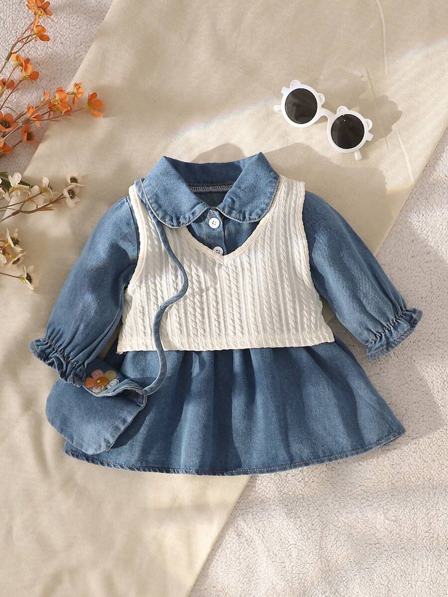 SHEIN Vintaside Kids 2 件装女婴牛仔连衣裙和粗针织背心套装，秋冬 - 藍色 - 查看 1