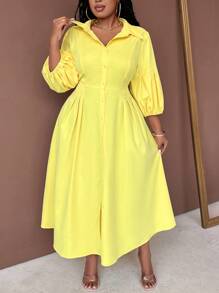 Maweii Đầm Maxi Dài Tay Xếp Ly Cổ Áo Sơ Mi Màu Trơn Cỡ Lớn Cài Nút Phía Trước Trang Phục Thường Ngày Cho Nữ - Màu vàng - Xem 3