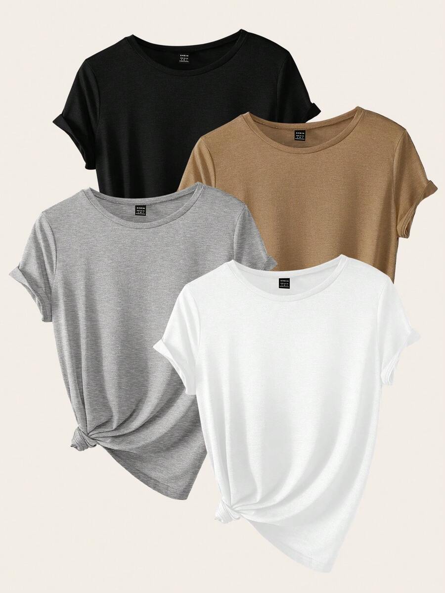 SHEIN LUNE 4pcs/Set Summer Casual Solid Color Crew Neck Short Sleeve T-Shirts - Multicolor - View 1