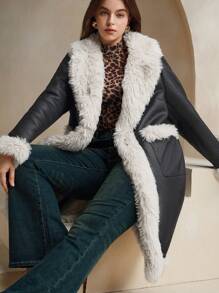 Anewsta Plus Size Women's Fur Trimmed Waist Length Regular Coat - Black - View 2