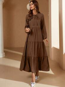 Mulvari Solid Color Front Tie Long Sleeve Ruched Minimalist Long Dress - Casual Daily Wear , Brown Maxi Women Outfit Fall Cloth For Women - Brown - View 4