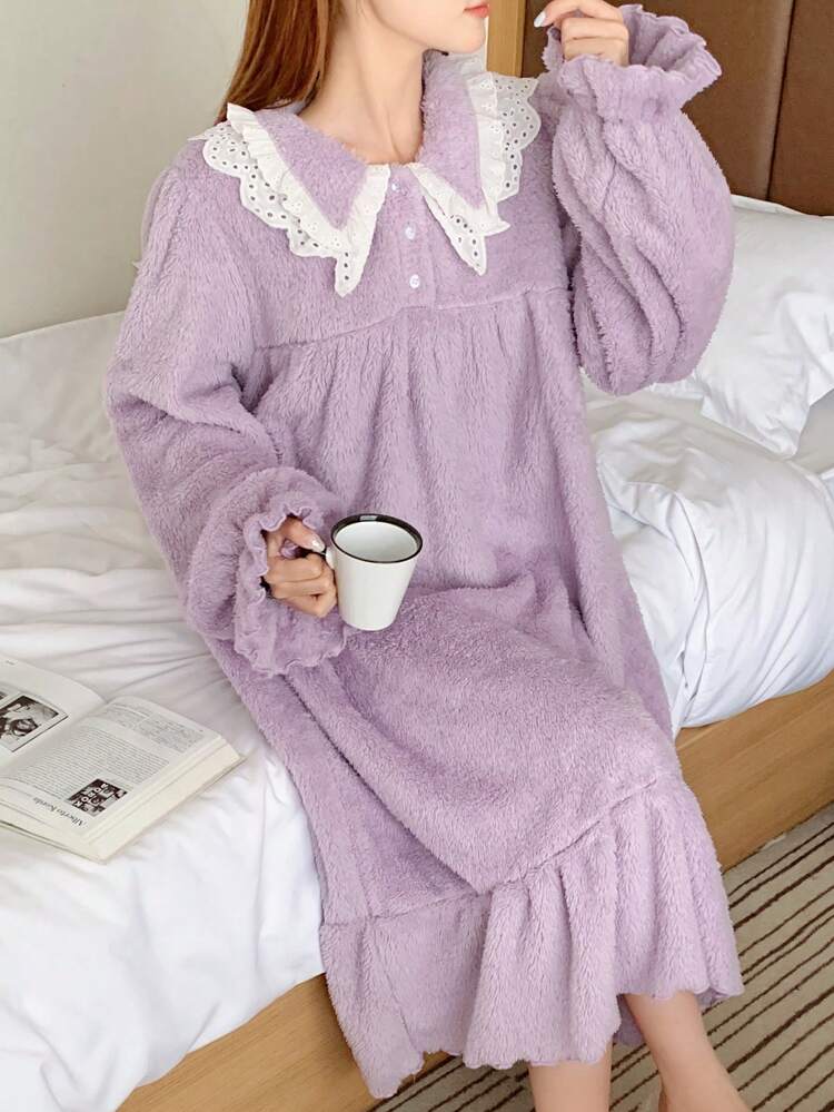 Women's Thick Flannel Lace Trim Lapel Nightgown, Winter Pajama,Thermal Lined