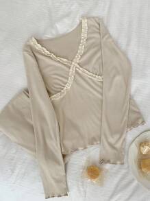 DAZY Lace Trim V-Neck Slim Fit Pajama Set - Khaki - View 5