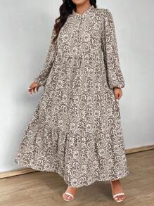 Flirla 加大码全身印花灯笼袖荷叶边下摆连衣裙（无腰带）长款女装 - 彩色 - 查看 5