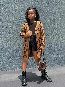 SHEIN Tween Girl Daily Wear Long Sleeve Leopard Print Open Front Long Cardigan, Fall Clothes - Pink - View 1