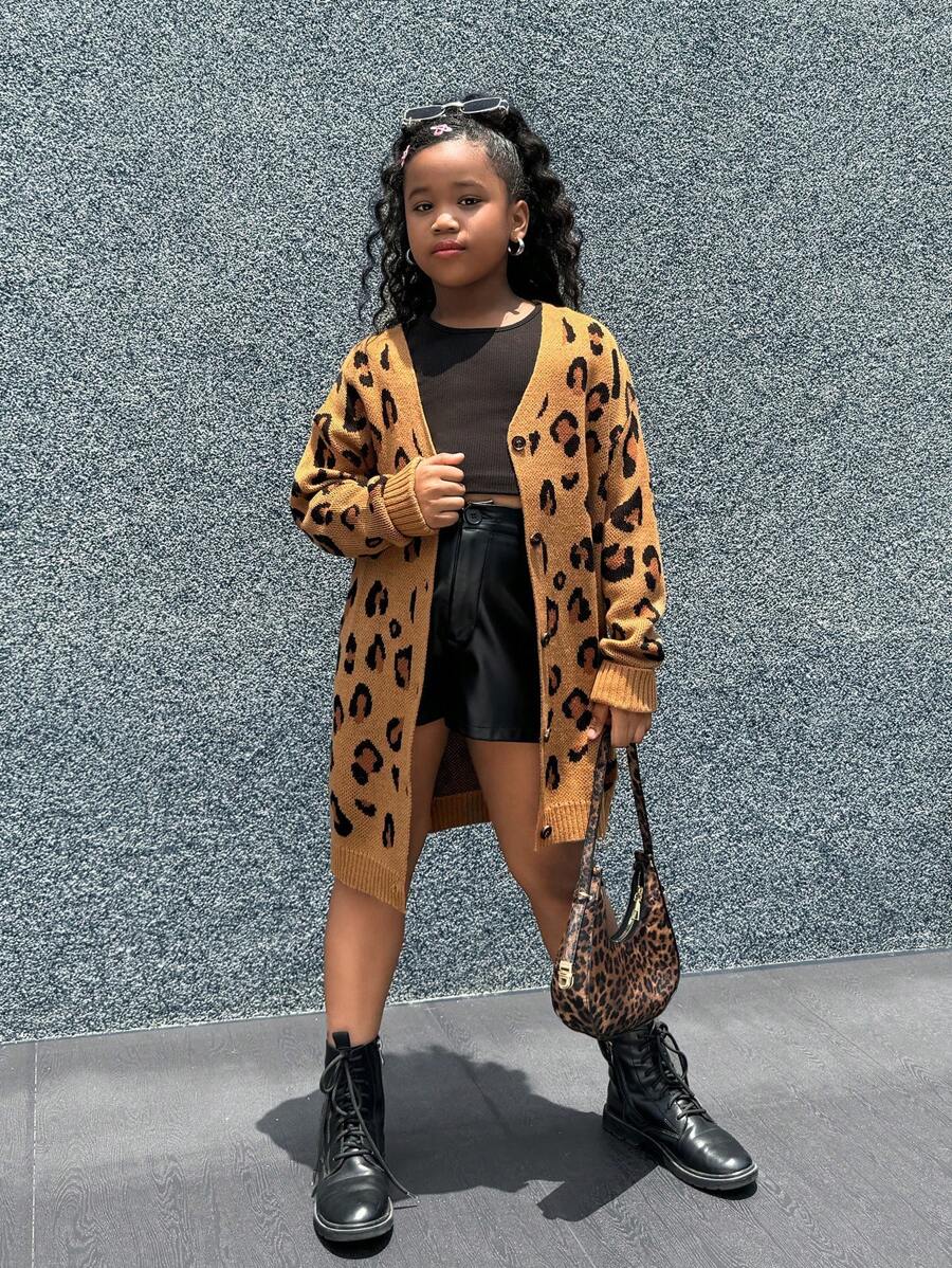SHEIN Tween Girl Daily Wear Long Sleeve Leopard Print Open Front Long Cardigan, Fall Clothes - Pink - View 1