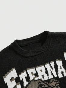 ROMWE MEN Street Life Atasan Pullover Kasual Lengan Panjang Leher Bulat Jacquard Pria untuk Pemakaian Sehari-hari - Hitam - View 3