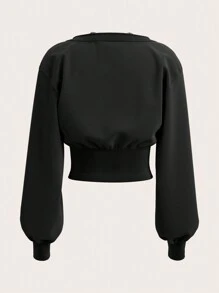 Muchica 撞色针织女式短款长袖运动衫 - 黑色 - 查看 2