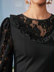 Frida Kahlo X SHEIN X Designer KATHARSIS 花朵和字母图案蕾丝拼布灯笼袖短裙，节日，派对，感恩节，生日服装，春季，节日 - 黑色 - 查看 7