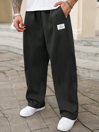 Manfinity Homme Plus Size Men Loose Letter Print Pocket Wide Leg Casual Pants, For Fall