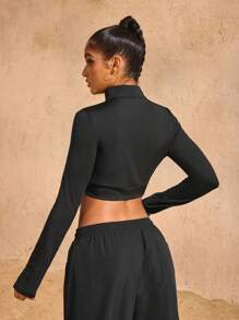 SHEIN Dewbera Áo nỉ dài tay thường ngày tối giản in họa tiết cho nữ, áo crop top đen dài tay mùa thu - màu đen - Xem 5