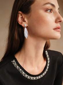 SHEIN Elegant Feather Design Rhinestone Decorated Silver-Tone Dangle Earrings - White - View 4