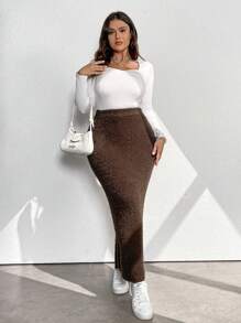 Calvaya 1pc Plus Size Women's Solid Color Maxi Casual Knitted Skirt - قهوة بني - مشاهدة 5