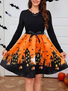 SHEIN Essnce Women's V-Neck Waist-Tie Shell-Trim Halloween Print Long Sleeve Mini Dress  Autumn Cute Cartoon Print Patchwork Waist Long Sleeve Dress For Halloween,Black