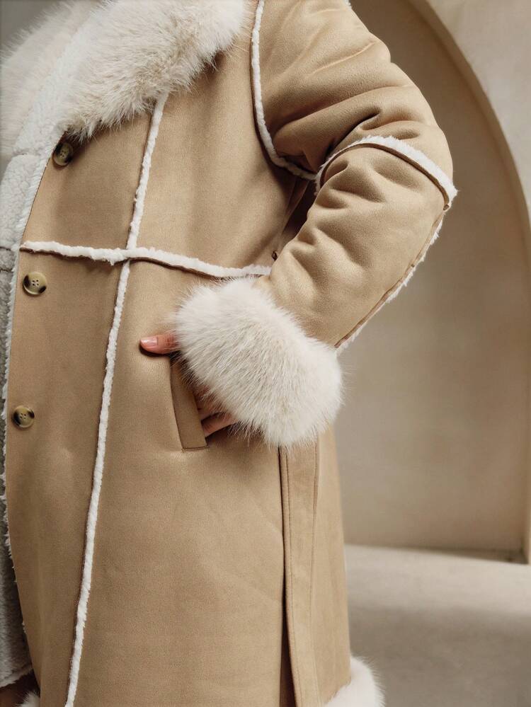 Jacke mit dickem pelzigen Kragen, fluffiger Pelzbesatz an der Taille, in Große Größen, für den Winter