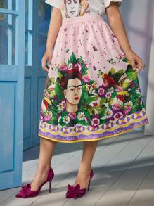 Frida Kahlo X SHEIN 大码优雅甜美粉色蝴蝶雏菊肖像艺术几何波尔卡圆点印花裙 - 彩色 - 查看 4