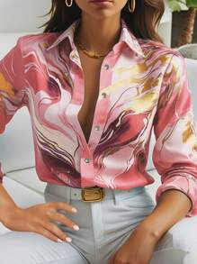 SHEIN Clasi 女士优雅金色衬衫、长袖上衣 - 玫紅色 - 查看 4