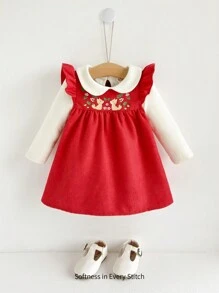 Cozy Pixies 女宝宝 2 件套纯色领长袖上衣和花卉图案圆领荷叶边下摆无袖秋季连衣裙