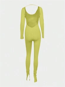 夏季纯色性感连体裤，深V领露背长袖连体裤，适合夜店穿着 - 綠色 - 查看 2