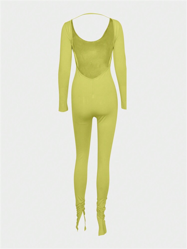 夏季纯色性感连体裤，深V领露背长袖连体裤，适合夜店穿着 - 綠色 - 查看 2