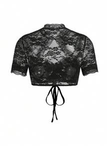 SHEIN Frenchy Blusa de moda con cordón, corte hueco y encaje para mujeres