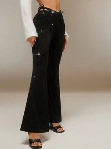 SHEIN Unity Quần đen nữ có cạp chữ V bằng chỉ vàng và bạc, quần ống loe bó, quần áo mùa thu, Halloween - màu đen - Xem 4