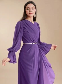 Modelyn Đầm viền nhún bèo dài tay màu trơn dành cho nữ, thường ngày & ngày lễ - Màu tím - Xem 4