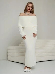 Chiquease Vestido de punto de manga larga elegante con hombros descubiertos de color liso