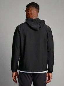 Manfinity Running 男友风格男士纯色长袖拉链连帽运动夹克，4 季 - 黑色 - 查看 2