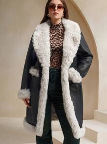 Anewsta Plus Size Women's Fur Trimmed Waist Length Regular Coat - Black - View 7